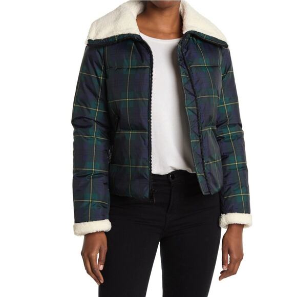 Levi's Faux Sherling Puffer Cropped Jackie Green Plaid Nylon Size Small Women’s - Picture 1 of 7